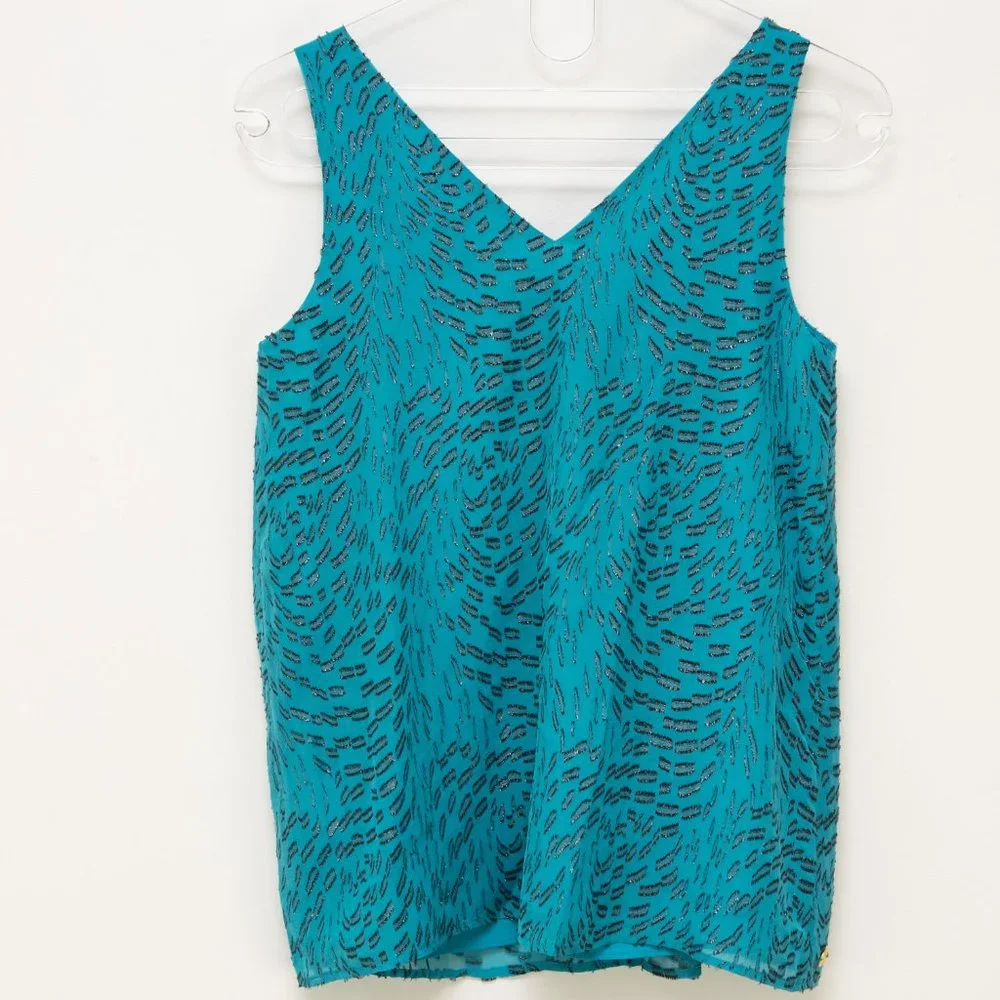 Lilly Pulitzer Florin Tank Top V-neck Silk Blouse Sleeveless Metallic Blue XXS - Picture 3 of 8